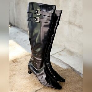 Louis Vuitton Black Patent Knee-High Heeled Boots with Buckle Straps